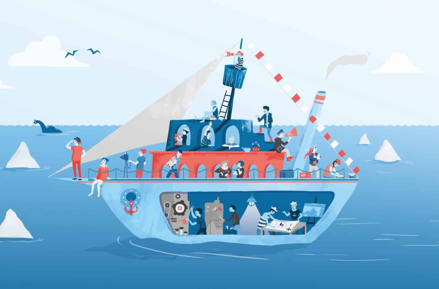 Schiff mit U-Boot und Meereslebewesen, Illustration zeigt Unterwasser- und Oberflächenaktivitäten.