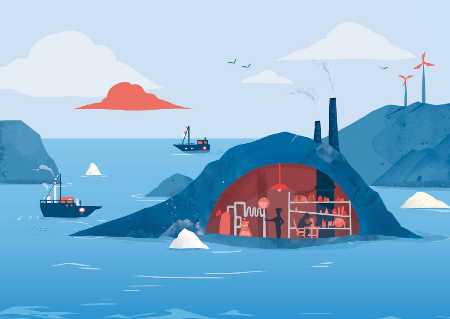 Unterwasser-Kraftwerk in der Nordsee mit Windturbinen und Meeresforschung.