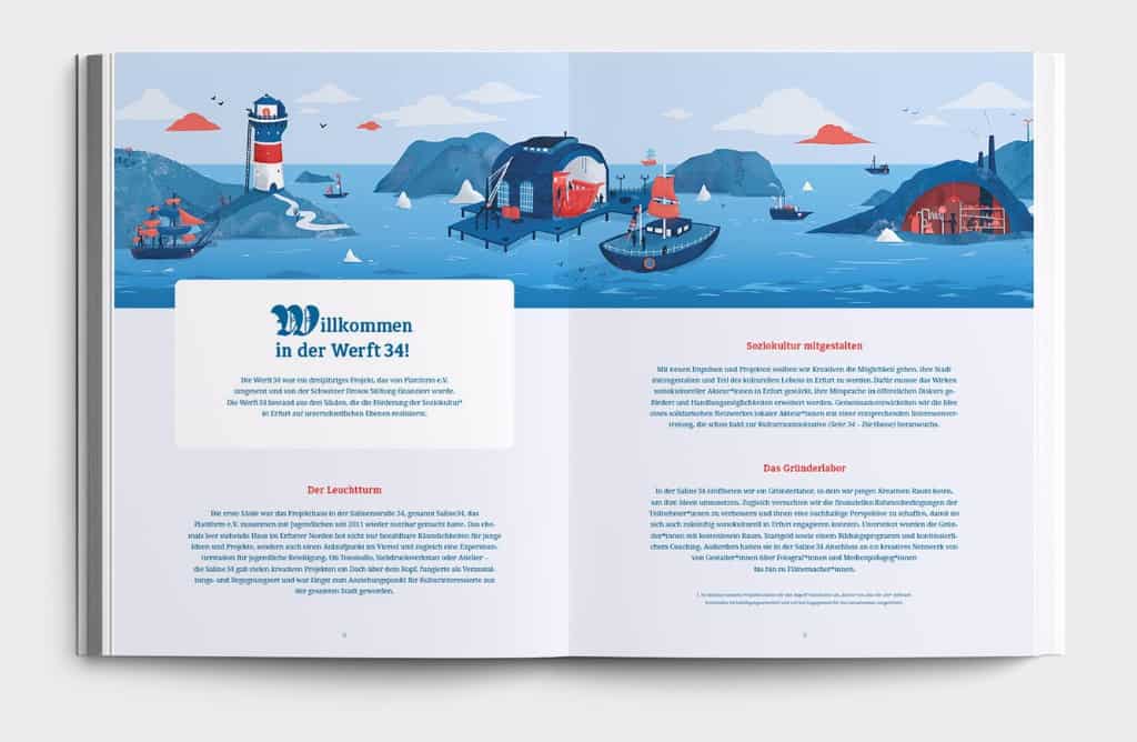 Illustration einer Meereslandschaft mit Leuchtturm, Booten und Inseln im blauen Wasser.