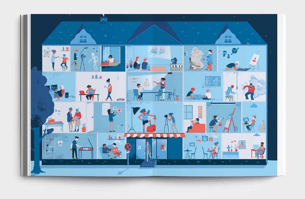 Mehrfamilienhaus mit Bewohnern bei verschiedenen Aktivitäten im Alltag.