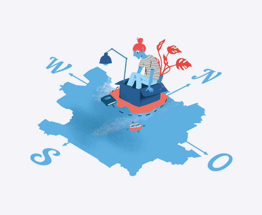 Junge im Boot auf Wasserkarte mit Kompass und Fischen, erkundet die Gewässer.