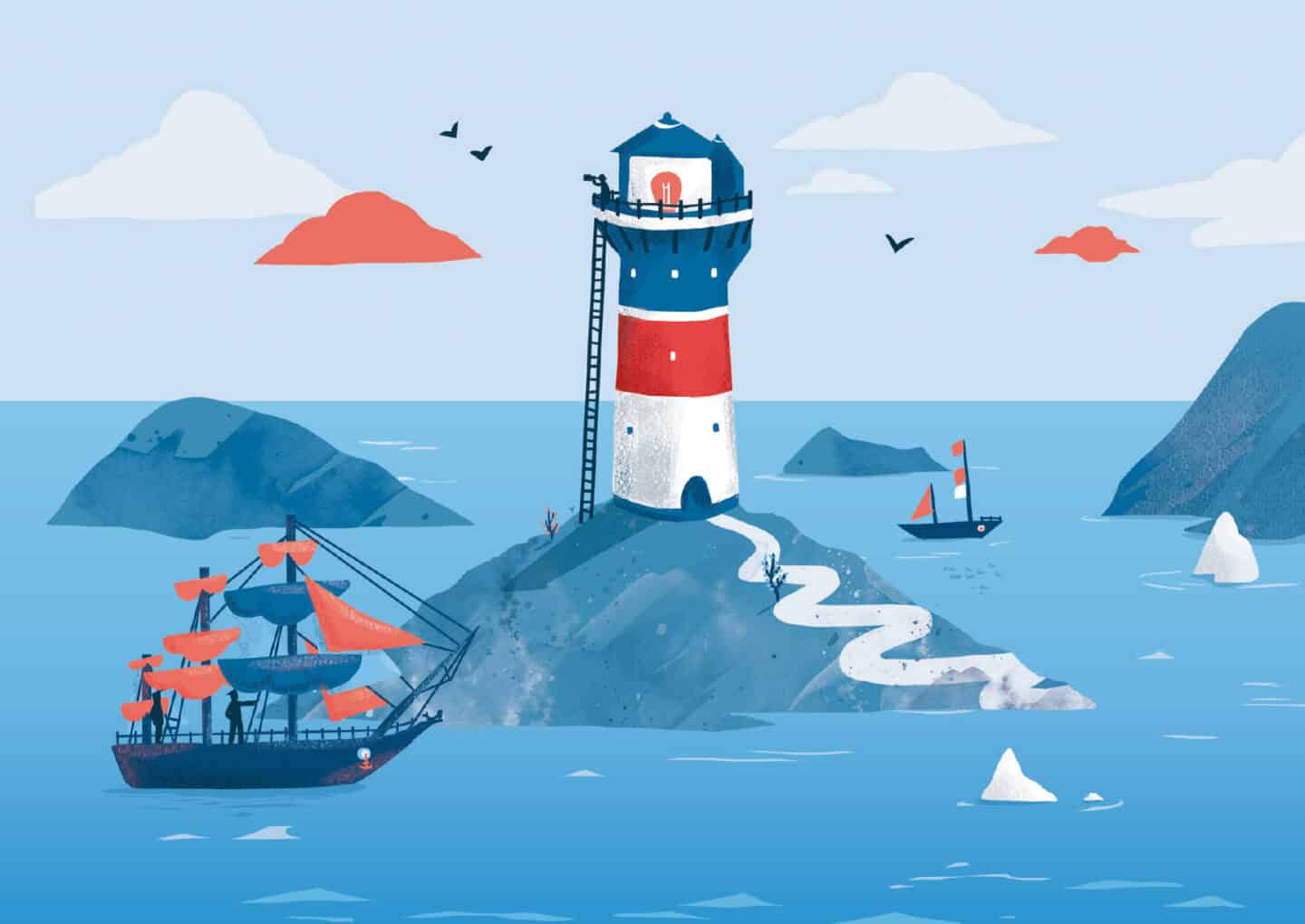 Leuchtturm auf einer kleinen Insel im Meer mit Schiff und Wolken im Himmel.