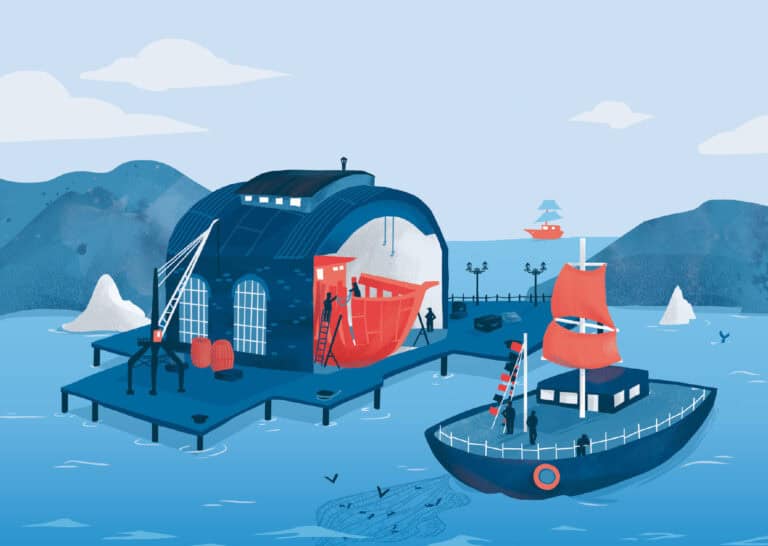 Illustration eines arktischen Hafens mit Schiffen und Lagerhallen.